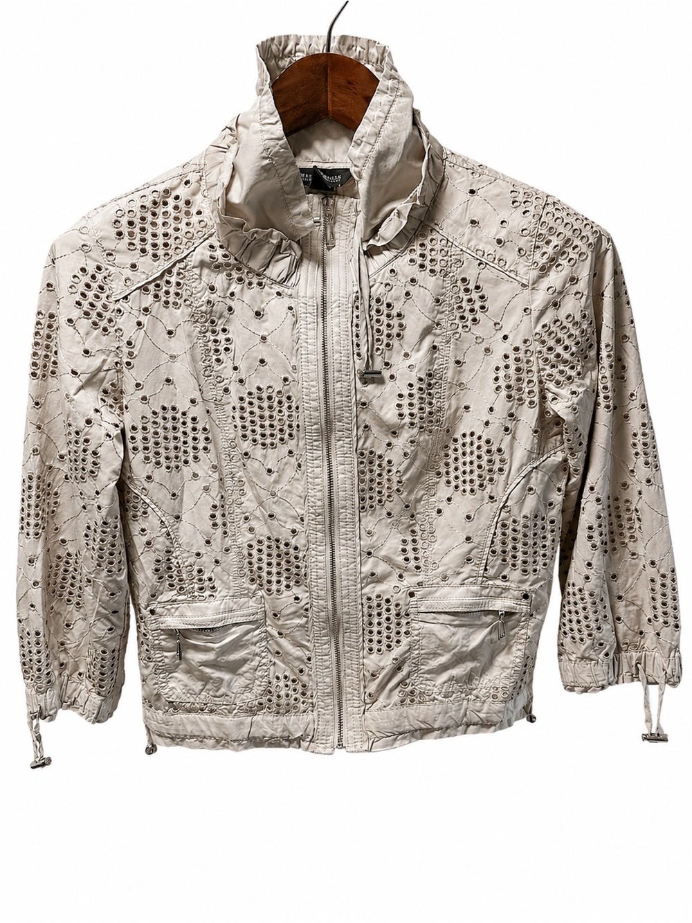 White House Black Market Beige Eyelet Zip Bomber Jacket
